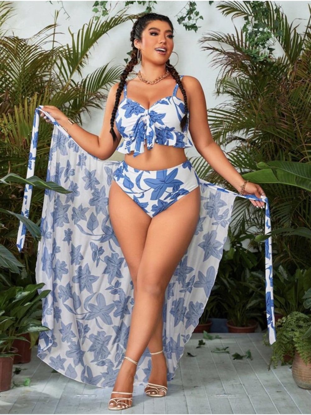Blue Floral High-Waist Bikini Set with Sheer Cover-Up